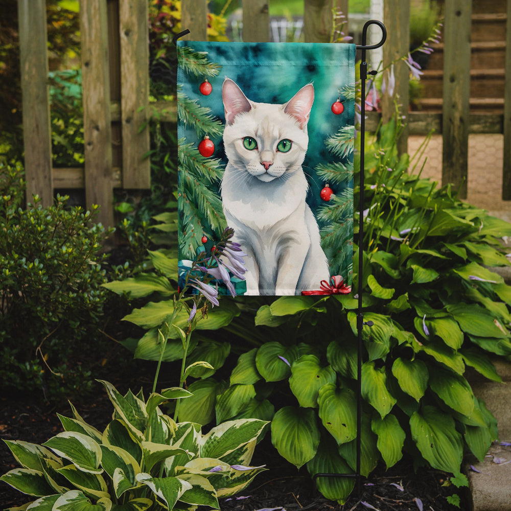Foreign White Cat By the Christmas Tree Garden Flag Mailbox Decorative Yard Banner Outside Patio Artwork for Flower Beds, Garden Size, Multicolor