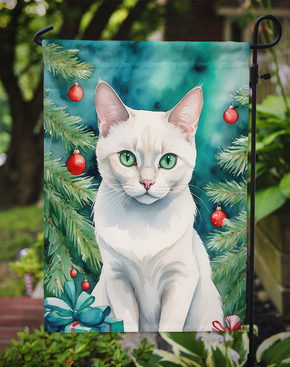 Foreign White Cat By the Christmas Tree Garden Flag Mailbox Decorative Yard Banner Outside Patio Artwork for Flower Beds, Garden Size, Multicolor