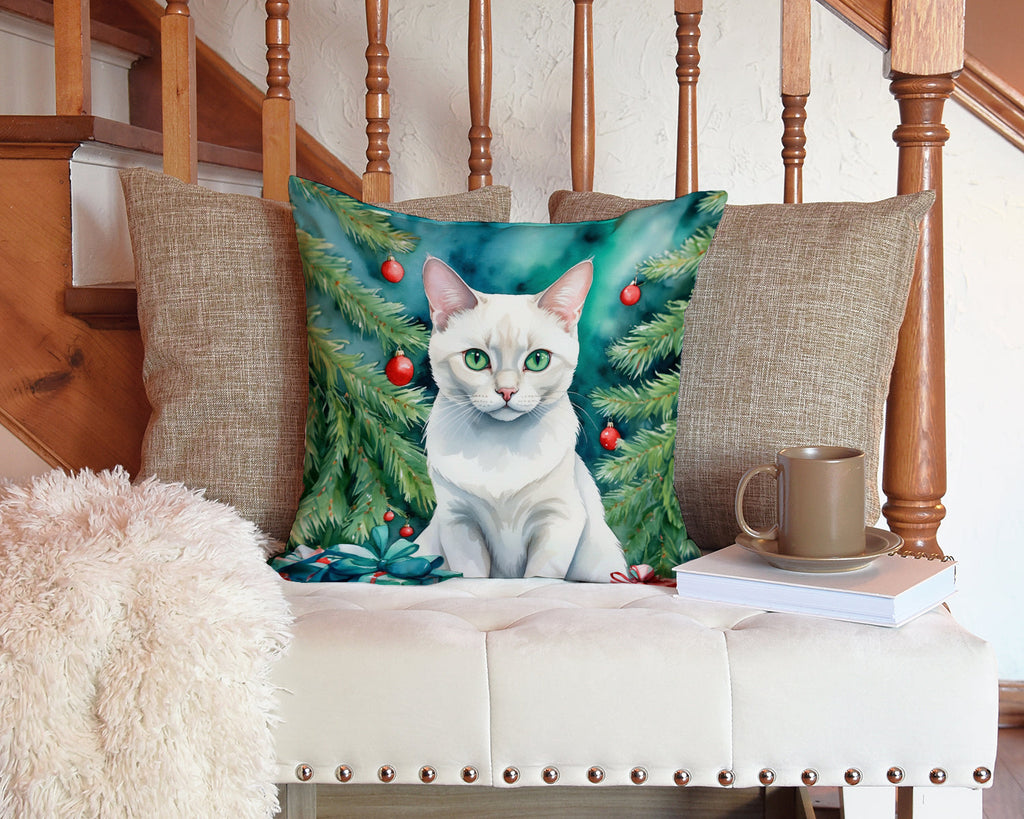 Foreign White Cat By the Christmas Tree Decorative Throw Pillow 14x14 Indoor Outdoor Accent Cushion, Fabric Cover with Insert for Sofa, Bed, Porch & Living Room