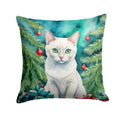 Foreign White Cat By the Christmas Tree Decorative Throw Pillow 14x14 Indoor Outdoor Accent Cushion, Fabric Cover with Insert for Sofa, Bed, Porch & Living Room