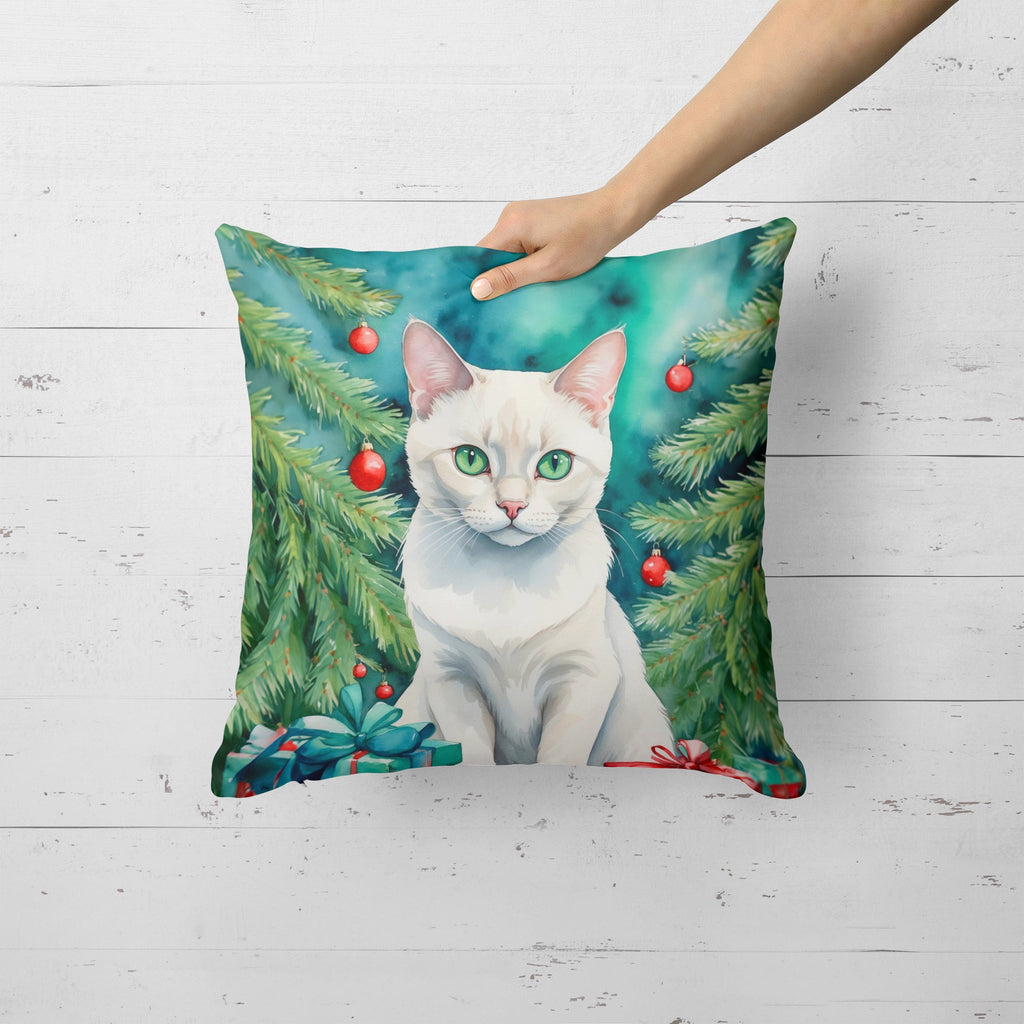 Foreign White Cat By the Christmas Tree Decorative Throw Pillow 18x18 Indoor Outdoor Accent Cushion, Fabric Cover with Insert for Sofa, Bed, Porch & Living Room