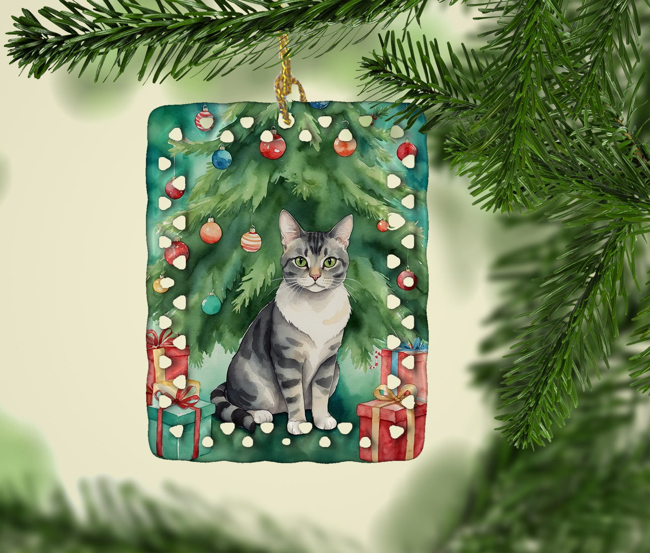 German Rex Cat By the Christmas Tree Porcelain Ornament Christmas Tree Hanging Decorations for Home Christmas Holiday, Rectangle, Gift, Multicolor