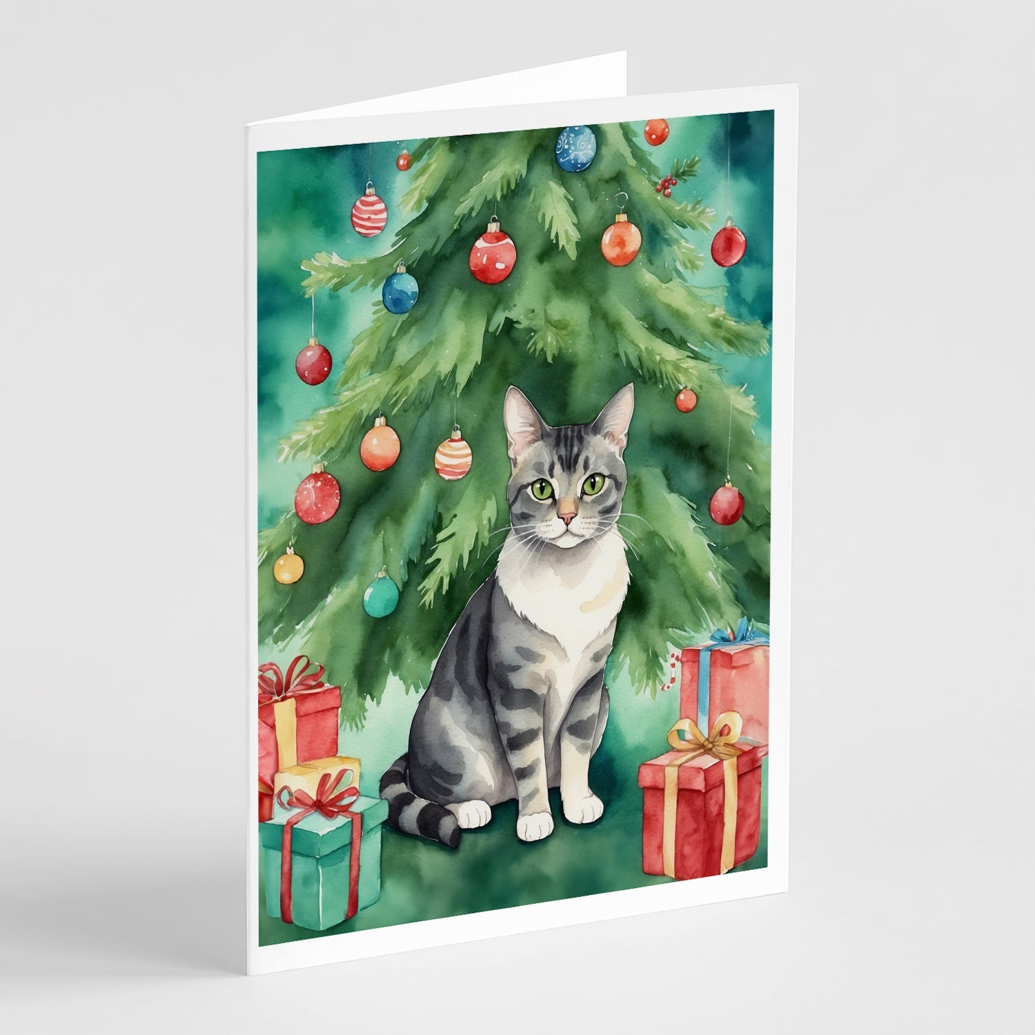 German Rex Cat By the Christmas Tree Greeting Cards Pack of 8 Blank Cards with Envelopes Whimsical A7 Size 5x7