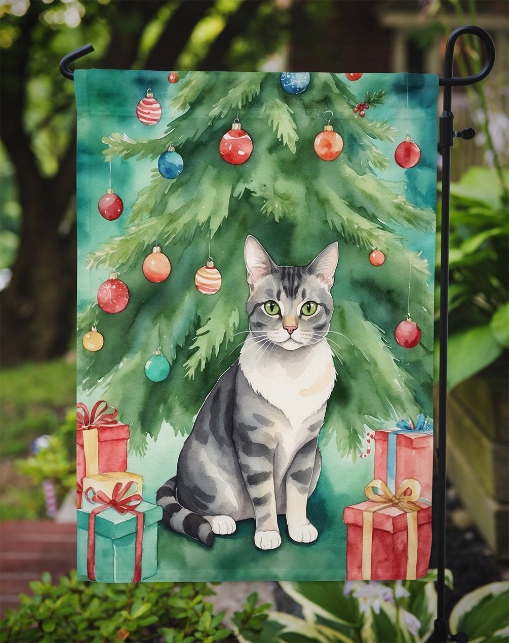German Rex Cat By the Christmas Tree Garden Flag Mailbox Decorative Yard Banner Outside Patio Artwork for Flower Beds, Garden Size, Multicolor