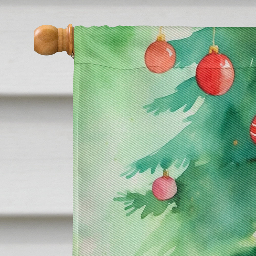 Havana Brown Cat By the Christmas Tree House Flag 28x40 Porch Sleeve Pole Decorative Outside Yard Banner Artwork Wall Hanging, Polyester