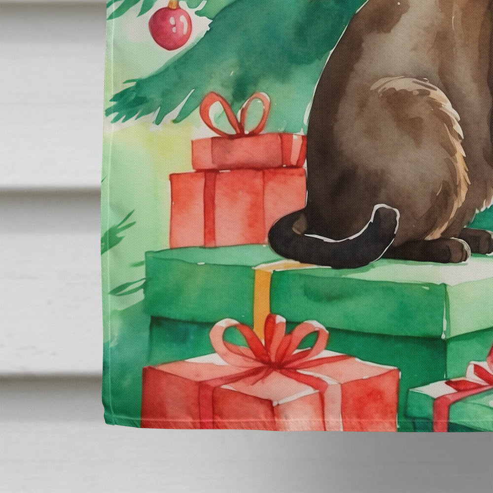Havana Brown Cat By the Christmas Tree House Flag 28x40 Porch Sleeve Pole Decorative Outside Yard Banner Artwork Wall Hanging, Polyester