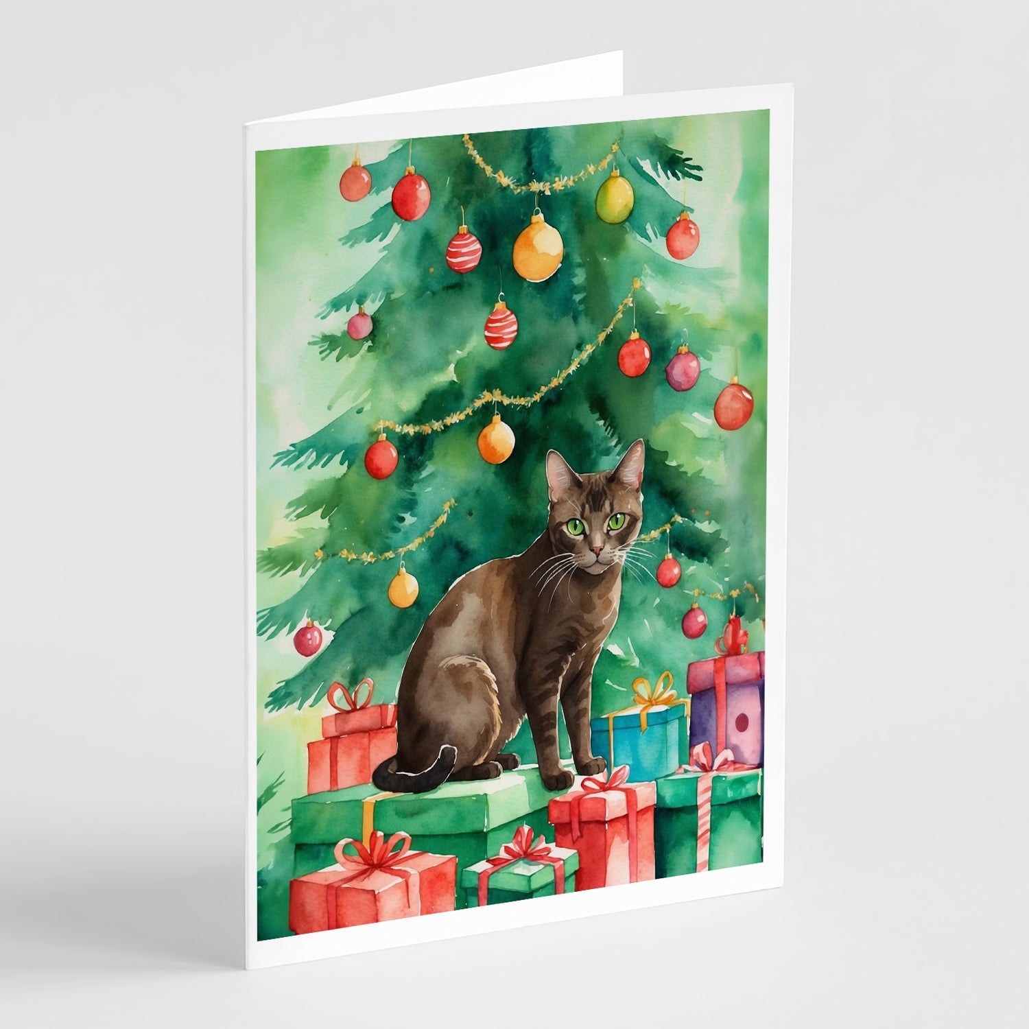 Havana Brown Cat By the Christmas Tree Greeting Cards Pack of 8 Blank Cards with Envelopes Whimsical A7 Size 5x7