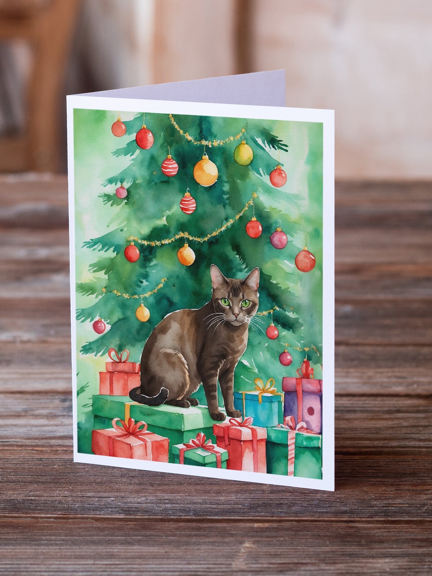 Havana Brown Cat By the Christmas Tree Greeting Cards Pack of 8 Blank Cards with Envelopes Whimsical A7 Size 5x7