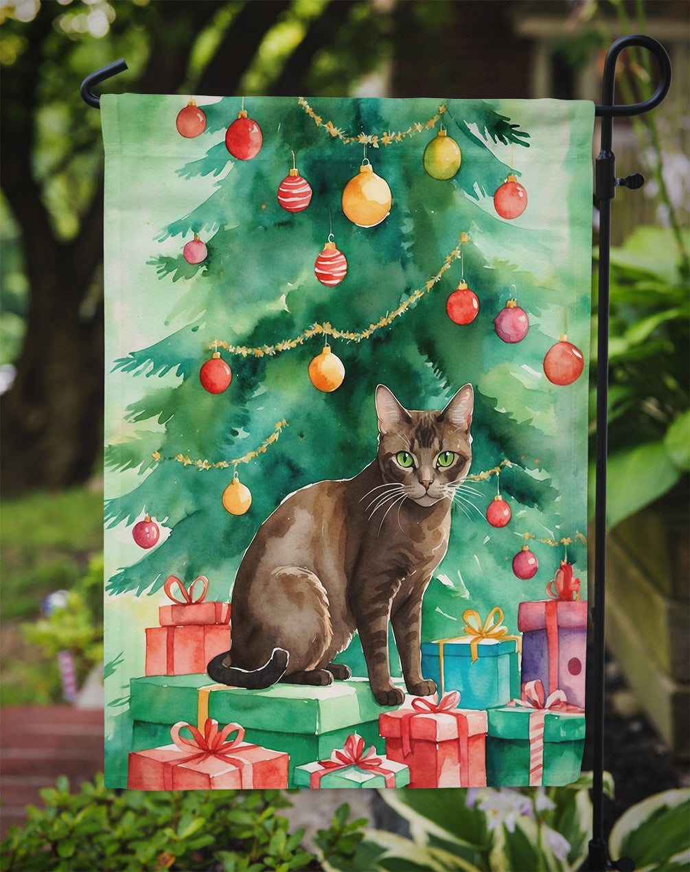Havana Brown Cat By the Christmas Tree Garden Flag Mailbox Decorative Yard Banner Outside Patio Artwork for Flower Beds, Garden Size, Multicolor