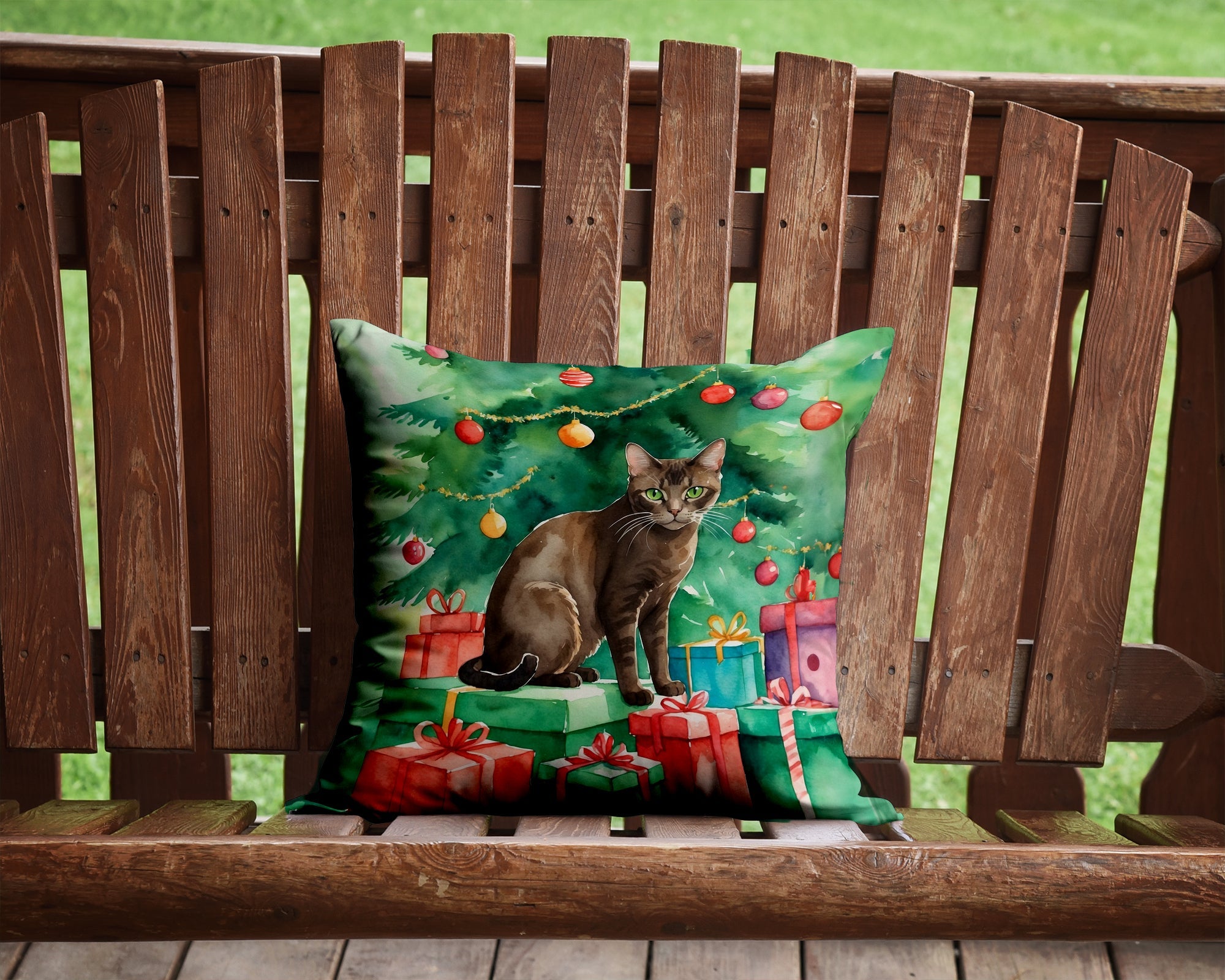 Havana Brown Cat By the Christmas Tree Decorative Throw Pillow 14x14 Indoor Outdoor Accent Cushion, Fabric Cover with Insert for Sofa, Bed, Porch & Living Room