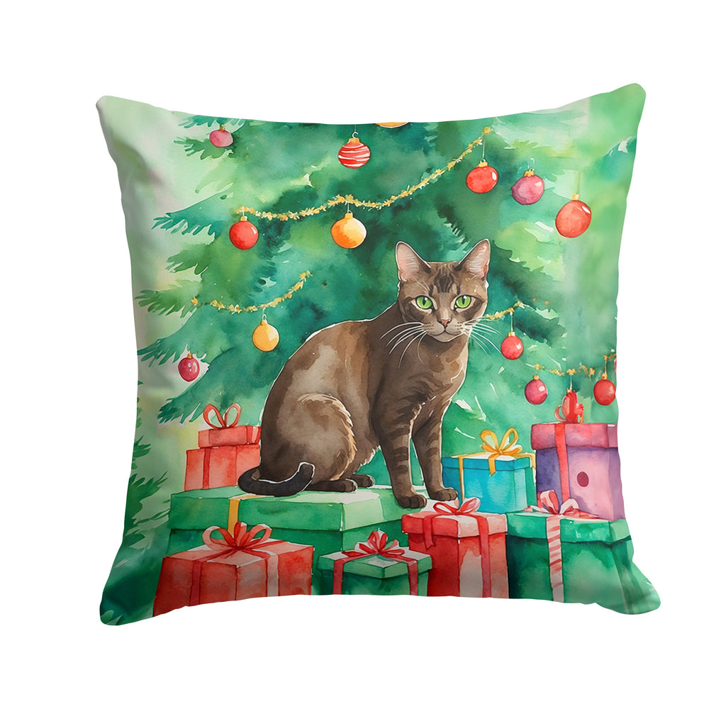 Havana Brown Cat By the Christmas Tree Decorative Throw Pillow 14x14 Indoor Outdoor Accent Cushion, Fabric Cover with Insert for Sofa, Bed, Porch & Living Room