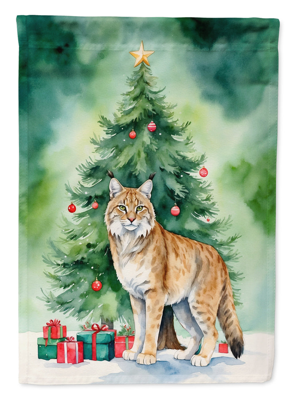 Highlander Lynx Cat By the Christmas Tree House Flag 28x40 Porch Sleeve Pole Decorative Outside Yard Banner Artwork Wall Hanging, Polyester