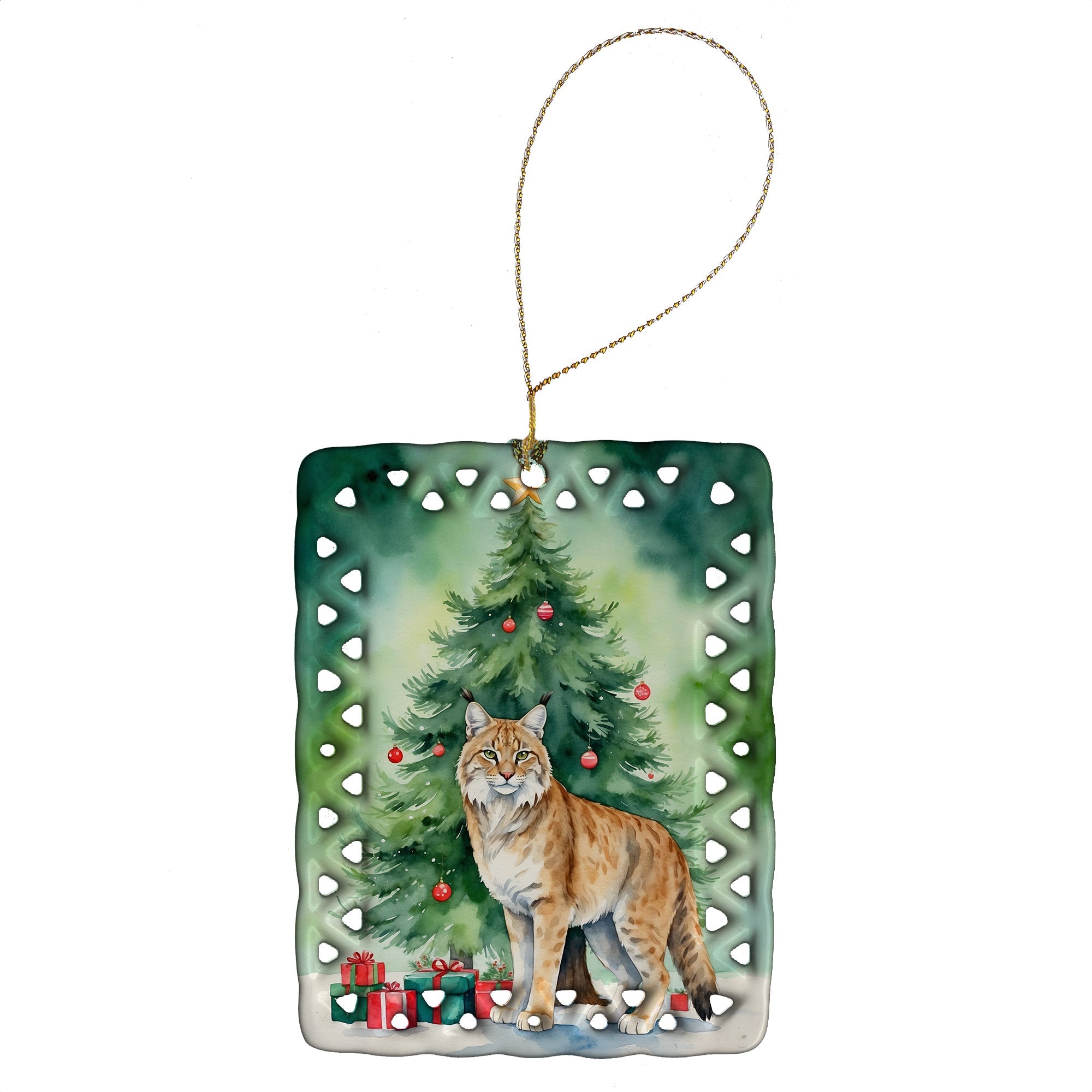 Highlander Lynx Cat By the Christmas Tree Porcelain Ornament Christmas Tree Hanging Decorations for Home Christmas Holiday, Rectangle, Gift, Multicolor