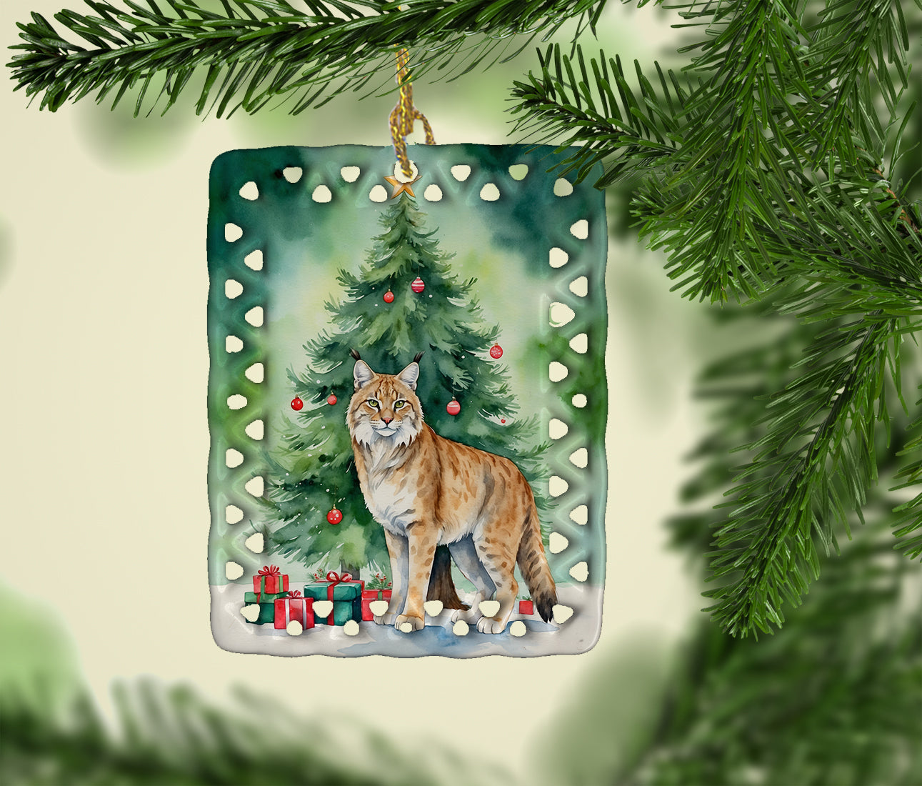 Highlander Lynx Cat By the Christmas Tree Porcelain Ornament Christmas Tree Hanging Decorations for Home Christmas Holiday, Rectangle, Gift, Multicolor
