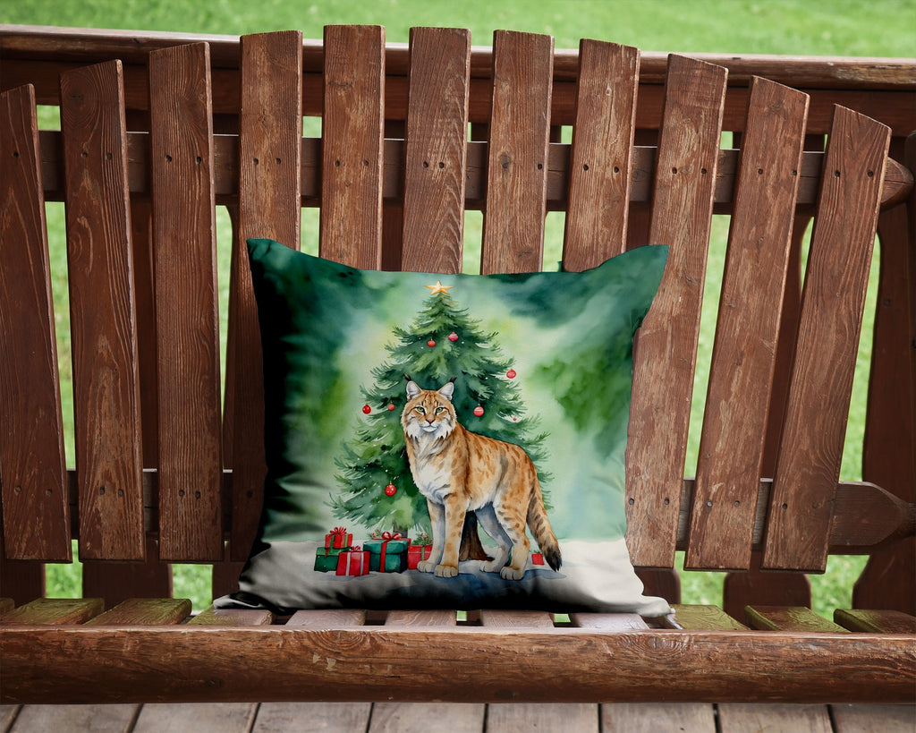 Highlander Lynx Cat By the Christmas Tree Decorative Throw Pillow 14x14 Indoor Outdoor Accent Cushion, Fabric Cover with Insert for Sofa, Bed, Porch & Living Room
