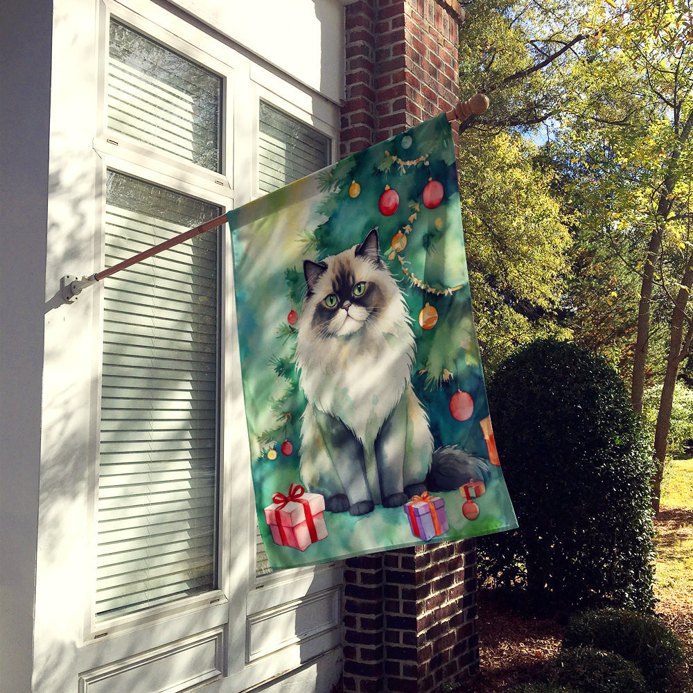 Himalayan Cat By the Christmas Tree House Flag 28x40 Porch Sleeve Pole Decorative Outside Yard Banner Artwork Wall Hanging, Polyester