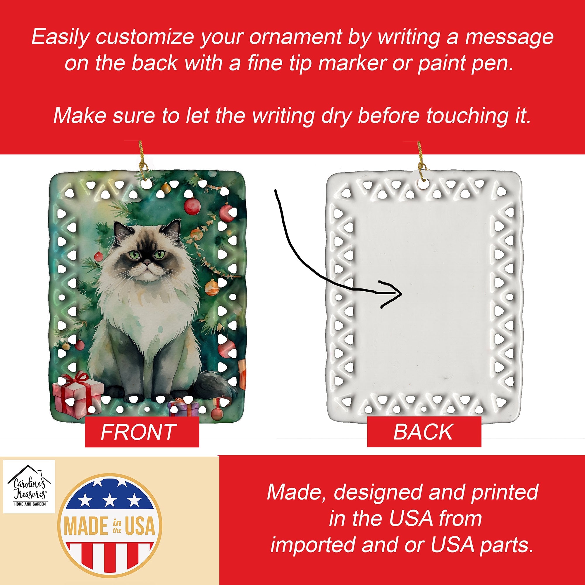 Himalayan Cat By the Christmas Tree Porcelain Ornament Christmas Tree Hanging Decorations for Home Christmas Holiday, Rectangle, Gift, Multicolor