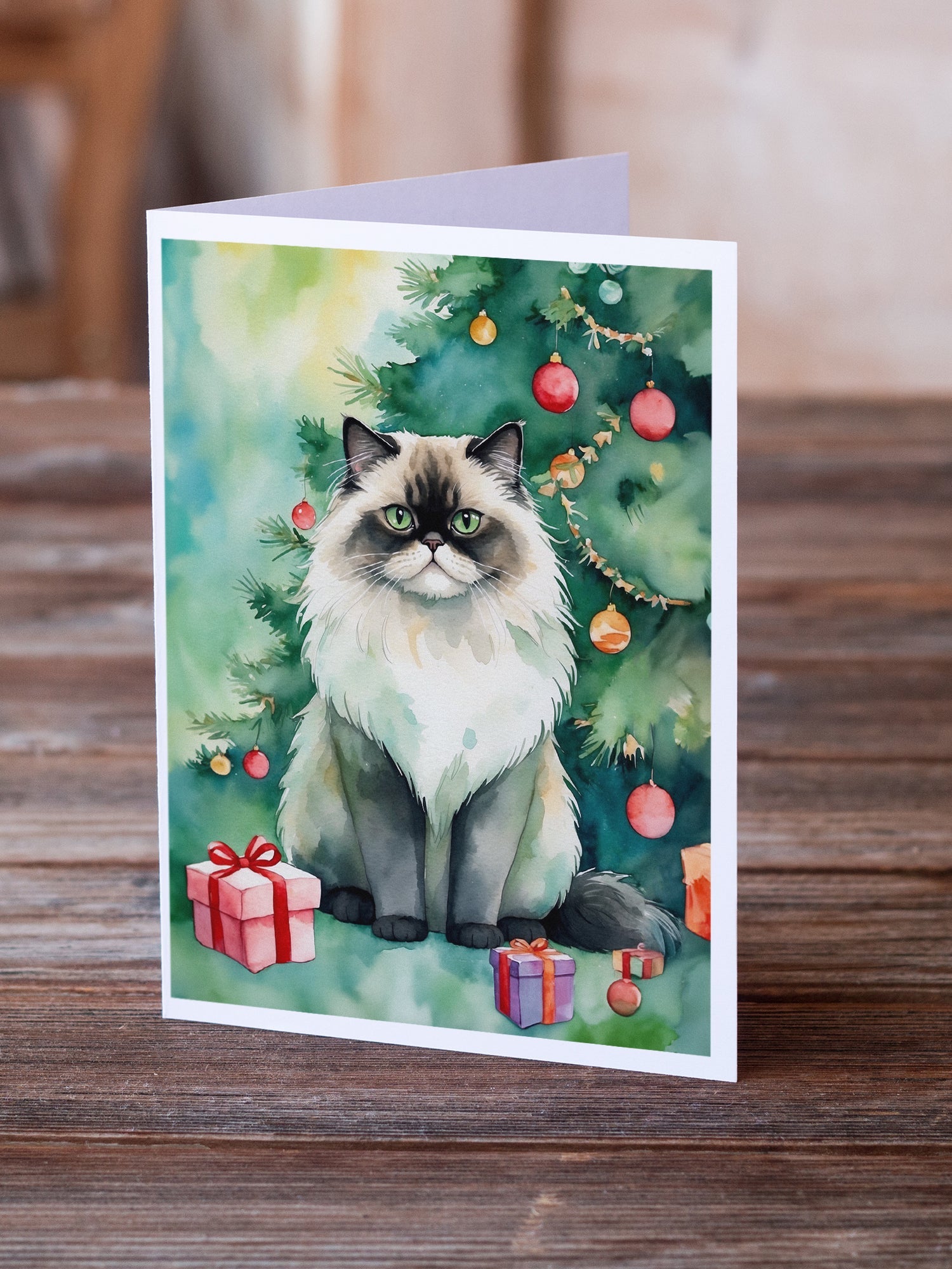 Himalayan Cat By the Christmas Tree Greeting Cards Pack of 8 Blank Cards with Envelopes Whimsical A7 Size 5x7