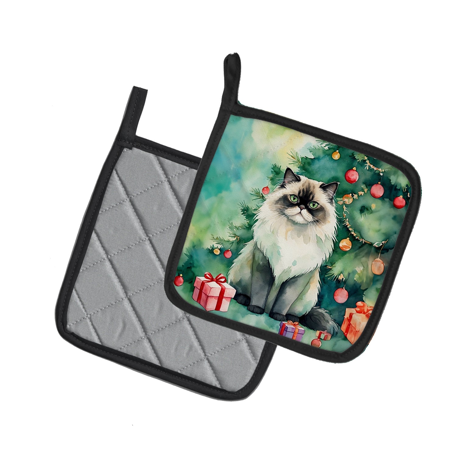 Himalayan Cat By the Christmas Tree Pot Holder Set of 2 Heat Resistant Quilted Hot Pads 7.5 x 7.5 Inch, Insulated Kitchen Trivets for Cooking & Baking