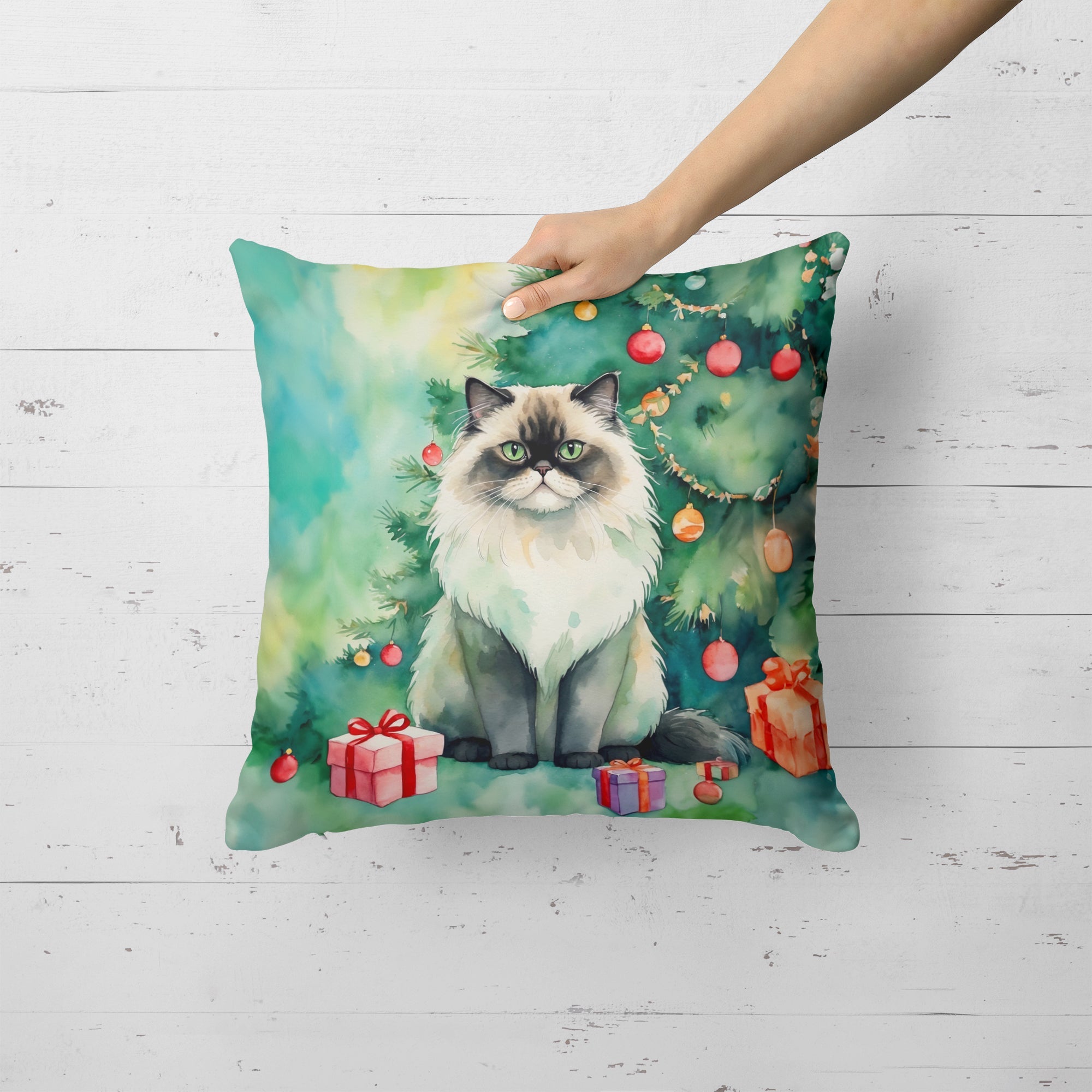 Himalayan Cat By the Christmas Tree Decorative Throw Pillow 18x18 Indoor Outdoor Accent Cushion, Fabric Cover with Insert for Sofa, Bed, Porch & Living Room