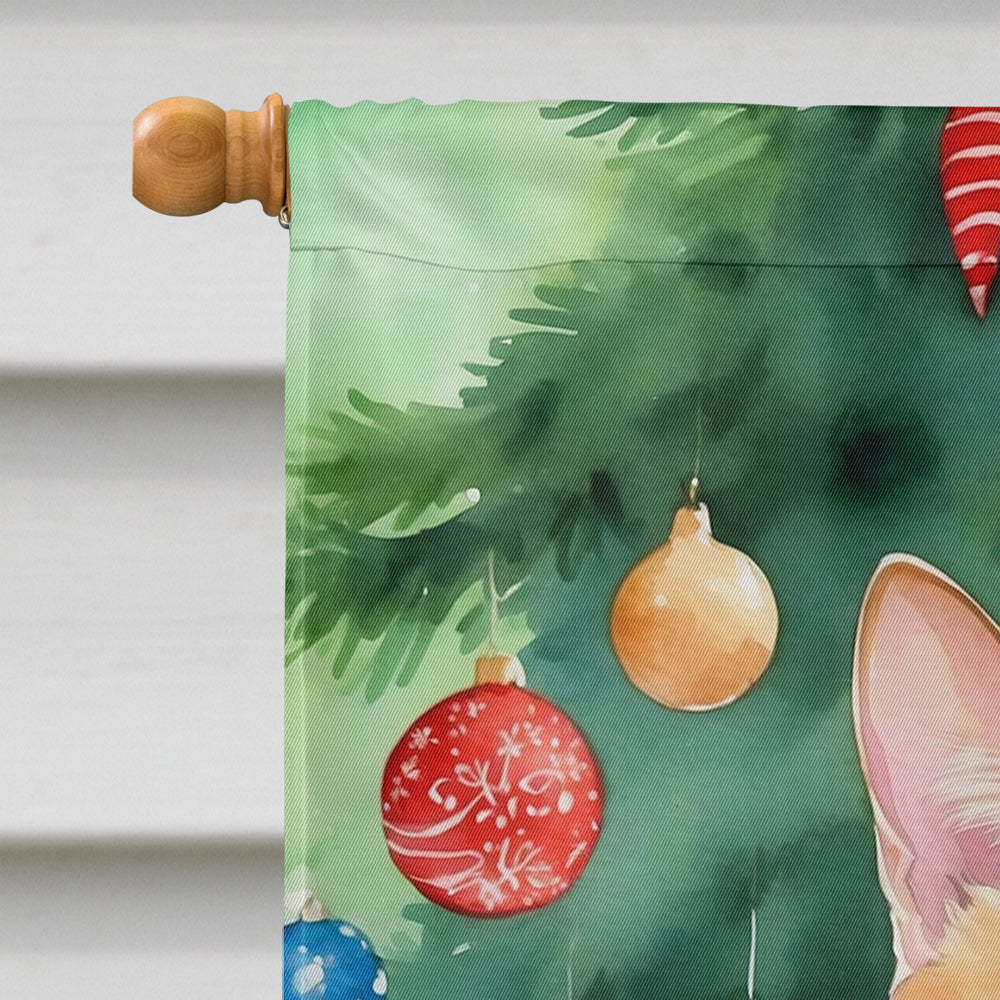 Japanese Bobtail Cat By the Christmas Tree House Flag 28x40 Porch Sleeve Pole Decorative Outside Yard Banner Artwork Wall Hanging, Polyester