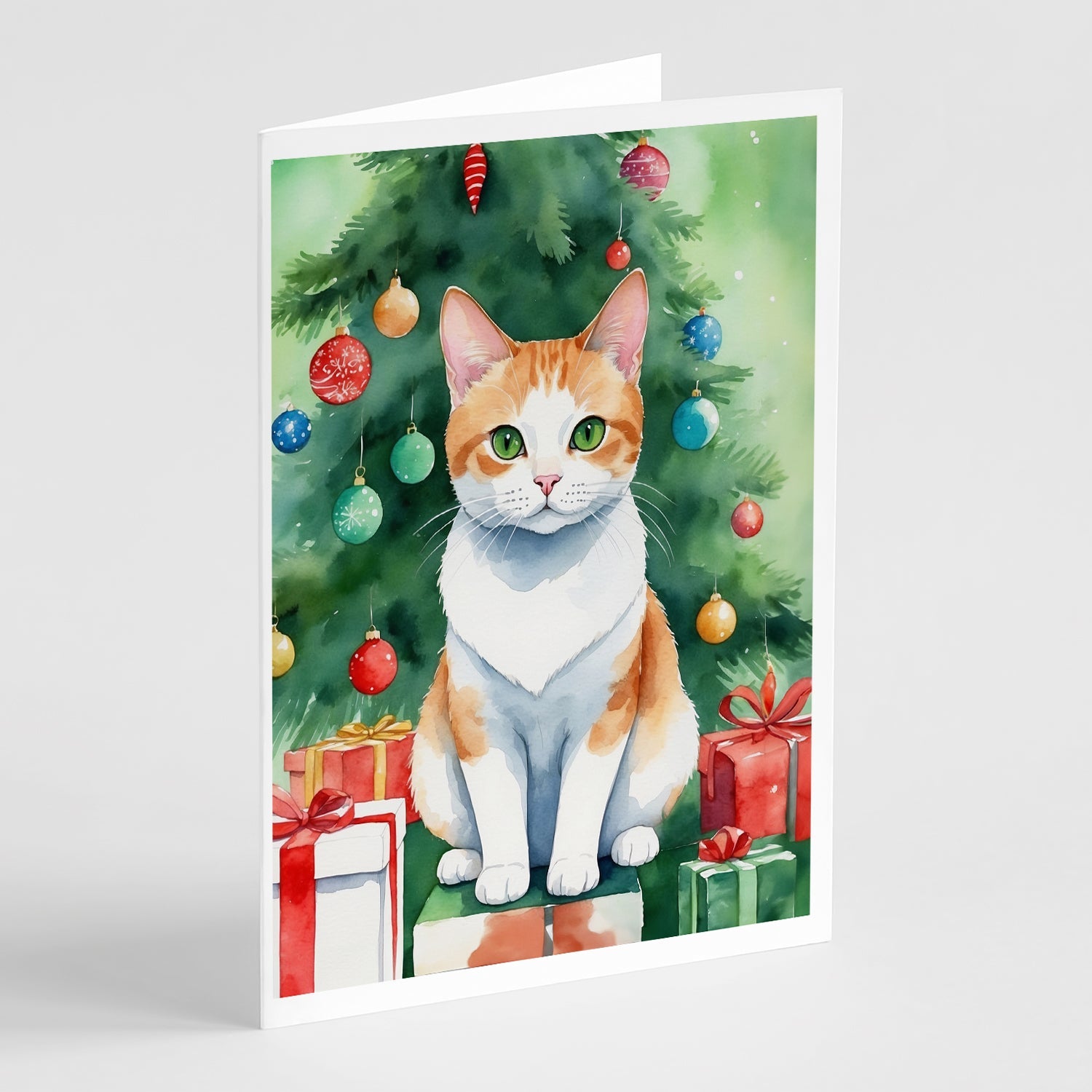 Japanese Bobtail Cat By the Christmas Tree Greeting Cards Pack of 8 Blank Cards with Envelopes Whimsical A7 Size 5x7
