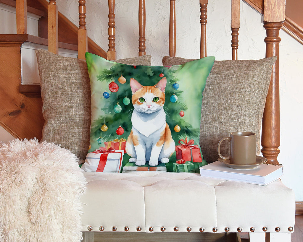 Japanese Bobtail Cat By the Christmas Tree Decorative Throw Pillow 14x14 Indoor Outdoor Accent Cushion, Fabric Cover with Insert for Sofa, Bed, Porch & Living Room