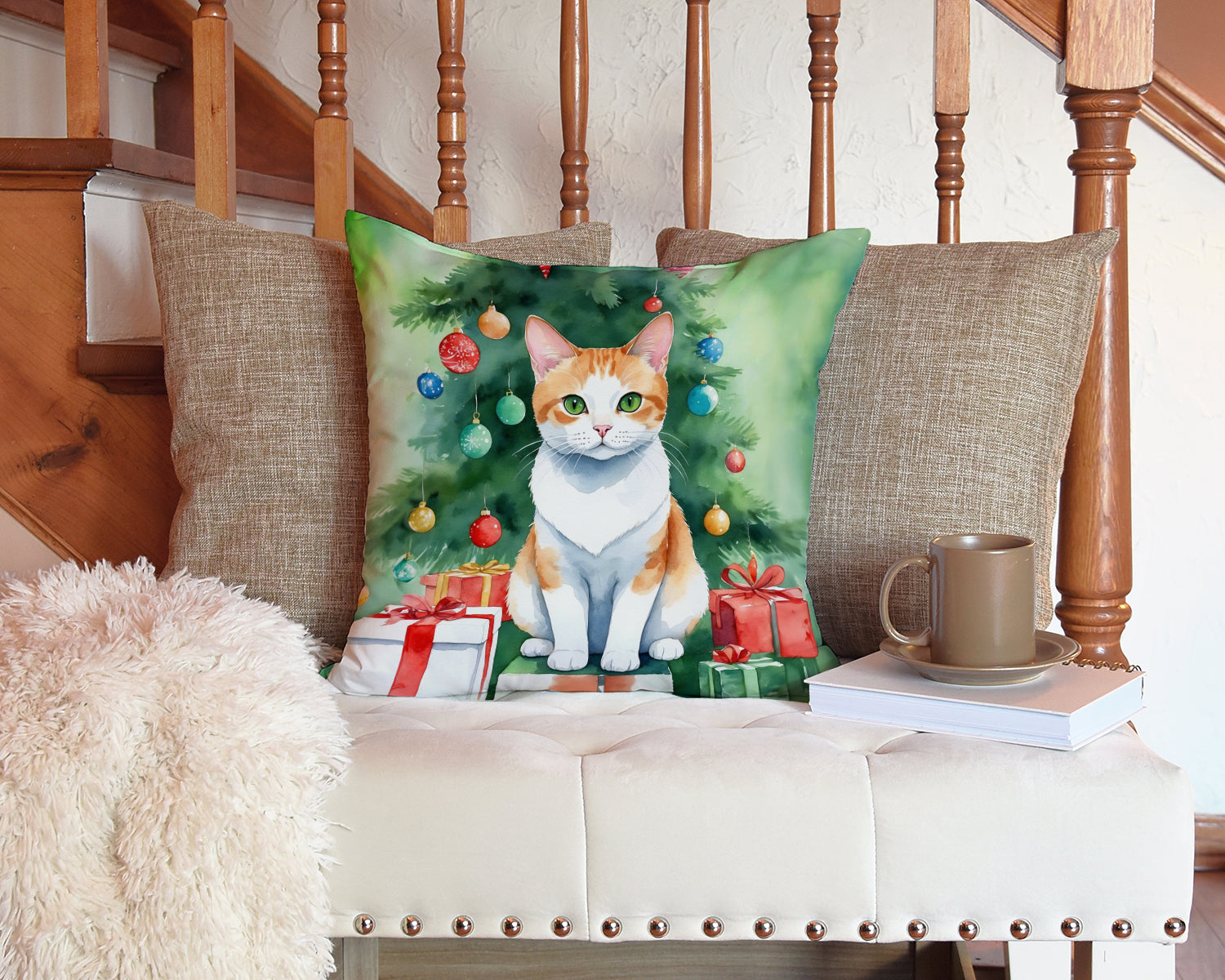 Japanese Bobtail Cat By the Christmas Tree Decorative Throw Pillow 14x14 Indoor Outdoor Accent Cushion, Fabric Cover with Insert for Sofa, Bed, Porch & Living Room