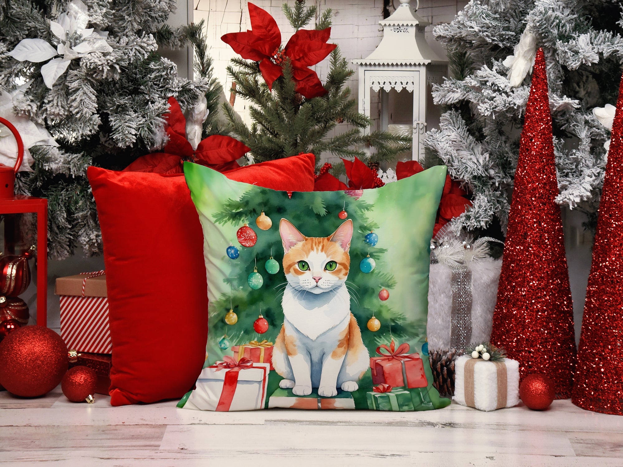 Japanese Bobtail Cat By the Christmas Tree Decorative Throw Pillow 18x18 Indoor Outdoor Accent Cushion, Fabric Cover with Insert for Sofa, Bed, Porch & Living Room