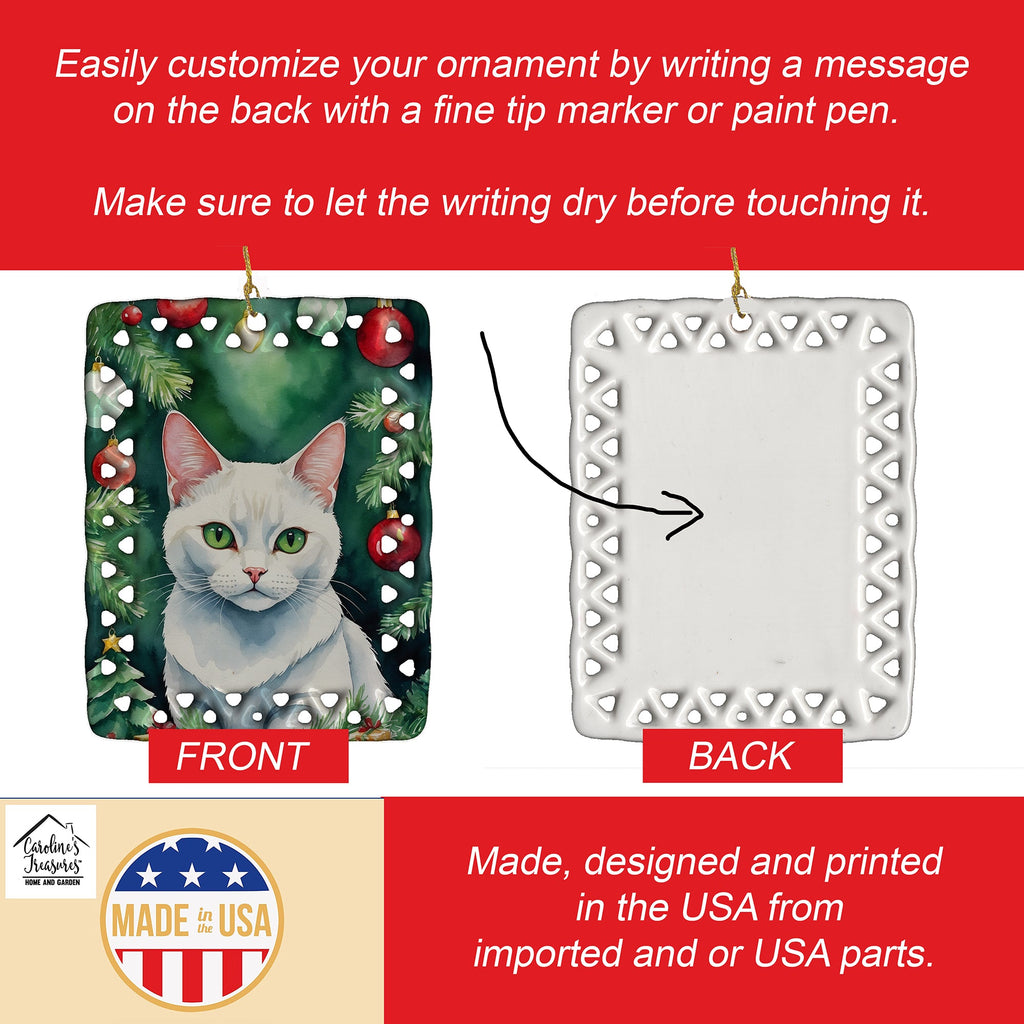 Khao Manee Cat By the Christmas Tree Porcelain Ornament Christmas Tree Hanging Decorations for Home Christmas Holiday, Rectangle, Gift, Multicolor