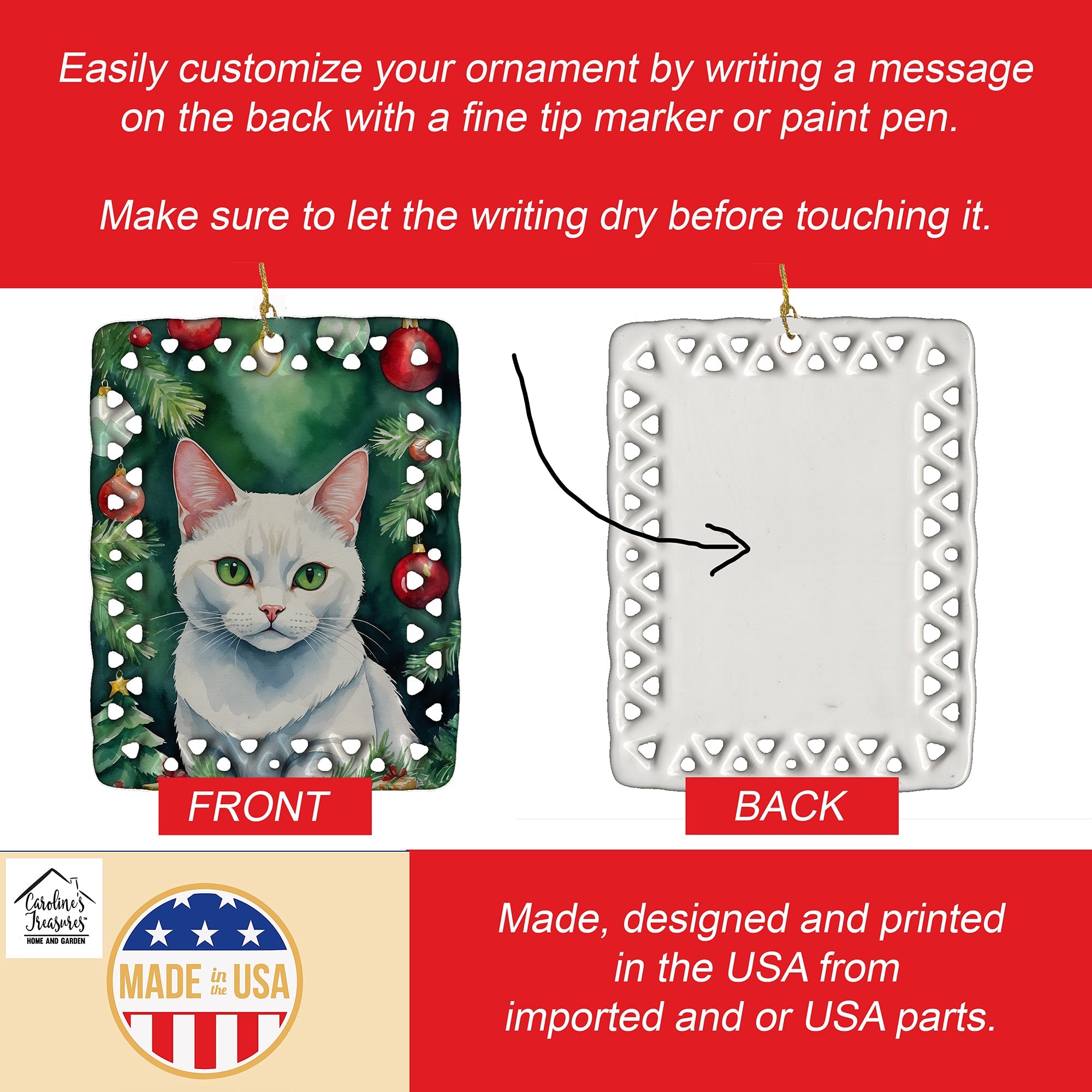Khao Manee Cat By the Christmas Tree Porcelain Ornament Christmas Tree Hanging Decorations for Home Christmas Holiday, Rectangle, Gift, Multicolor