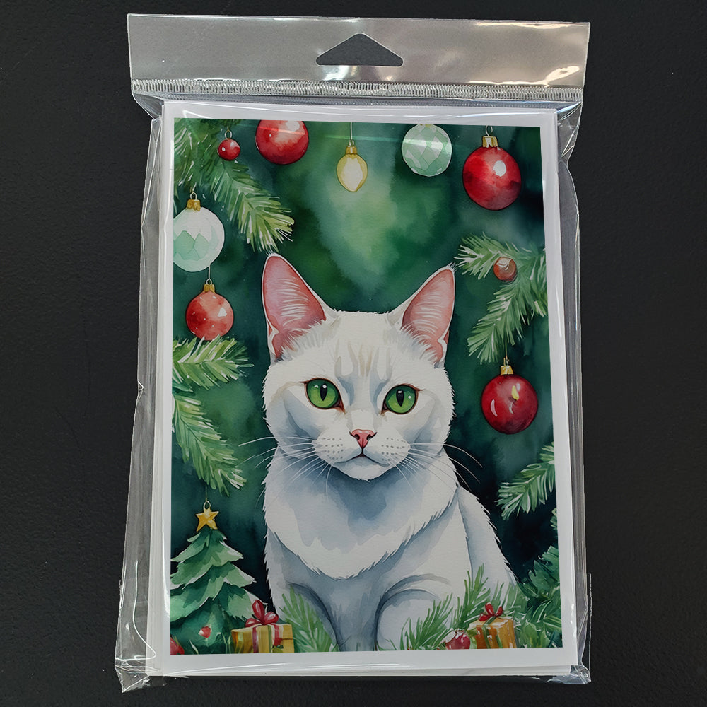 Khao Manee Cat By the Christmas Tree Greeting Cards Pack of 8 Blank Cards with Envelopes Whimsical A7 Size 5x7