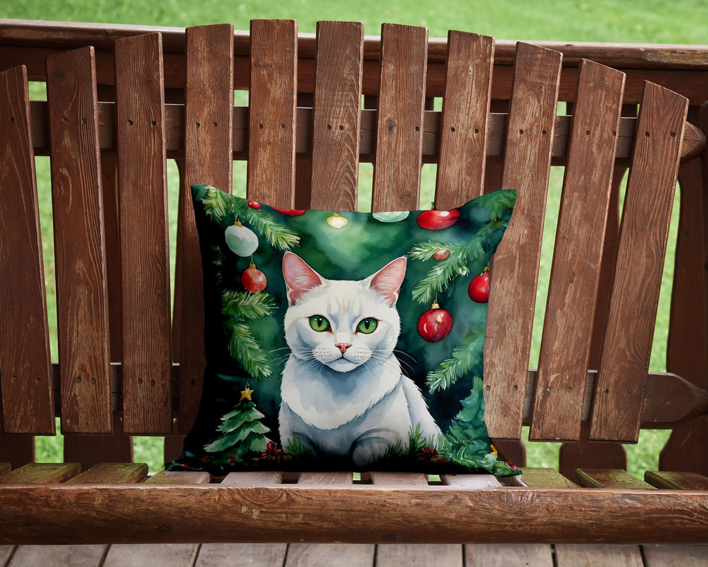 Khao Manee Cat By the Christmas Tree Decorative Throw Pillow 14x14 Indoor Outdoor Accent Cushion, Fabric Cover with Insert for Sofa, Bed, Porch & Living Room