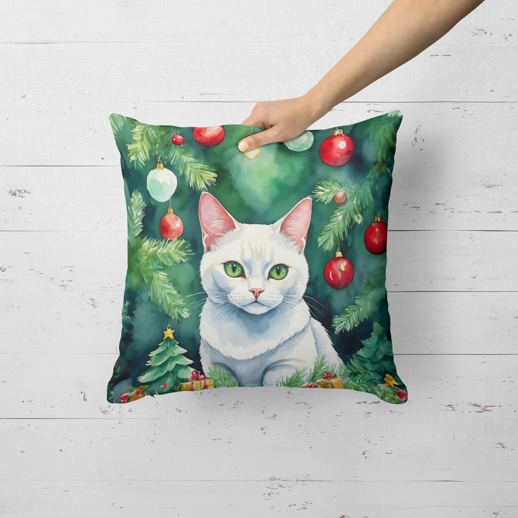 Khao Manee Cat By the Christmas Tree Decorative Throw Pillow 18x18 Indoor Outdoor Accent Cushion, Fabric Cover with Insert for Sofa, Bed, Porch & Living Room