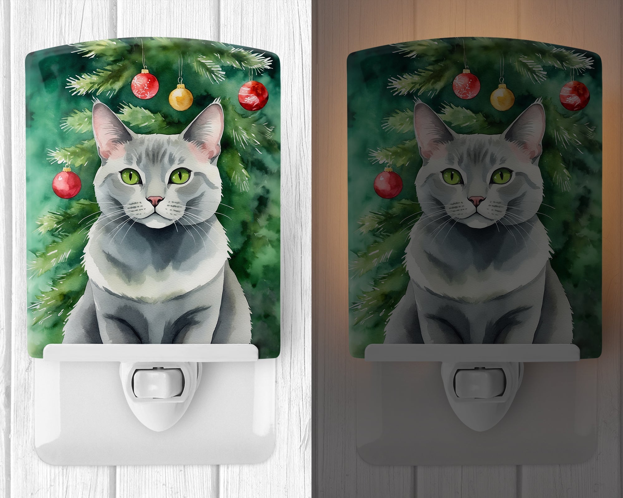 Korat Cat By the Christmas Tree Ceramic Night Light Compact, UL-Certified, Ideal for Bedroom, Bathroom, Nursery, Hallway, Kitchen, 6x4x3, Multicolor