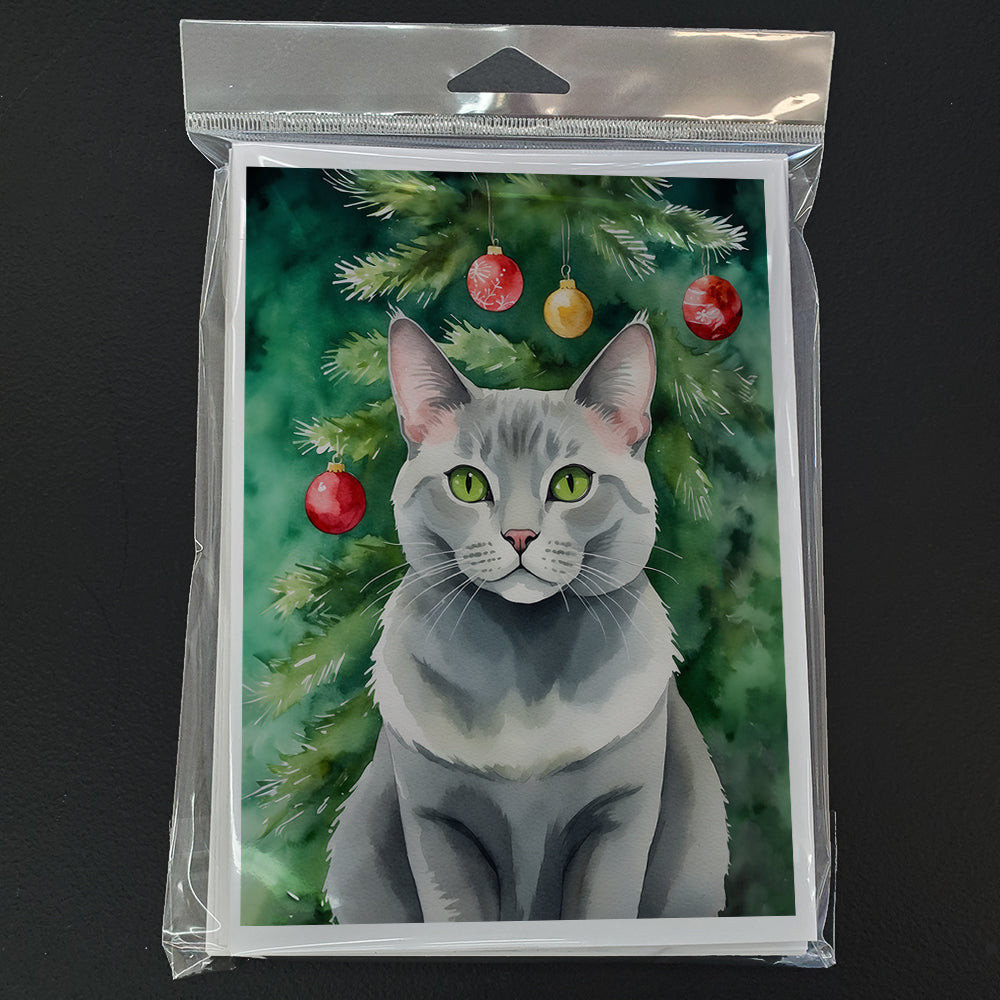 Korat Cat By the Christmas Tree Greeting Cards Pack of 8 Blank Cards with Envelopes Whimsical A7 Size 5x7