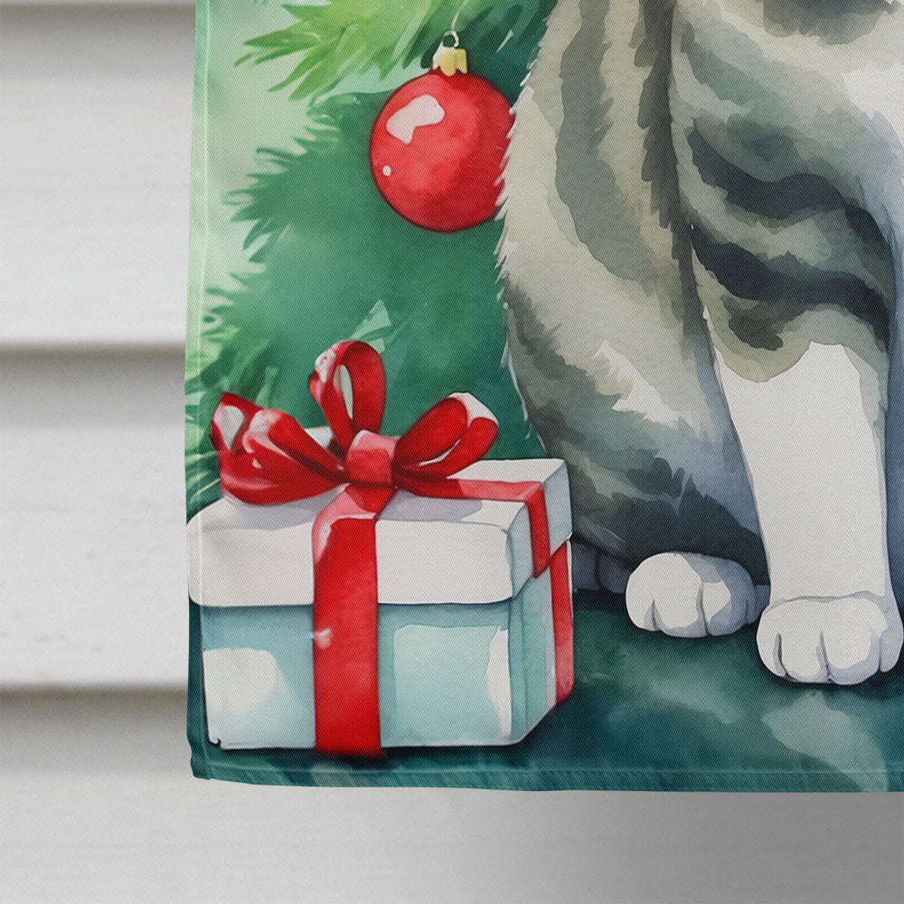 Korean Bobtail Cat By the Christmas Tree House Flag 28x40 Porch Sleeve Pole Decorative Outside Yard Banner Artwork Wall Hanging, Polyester
