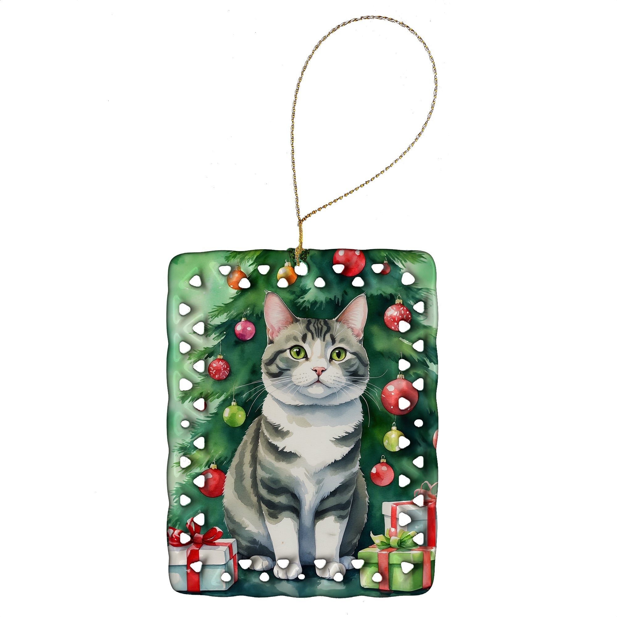 Korean Bobtail Cat By the Christmas Tree Porcelain Ornament Christmas Tree Hanging Decorations for Home Christmas Holiday, Rectangle, Gift, Multicolor