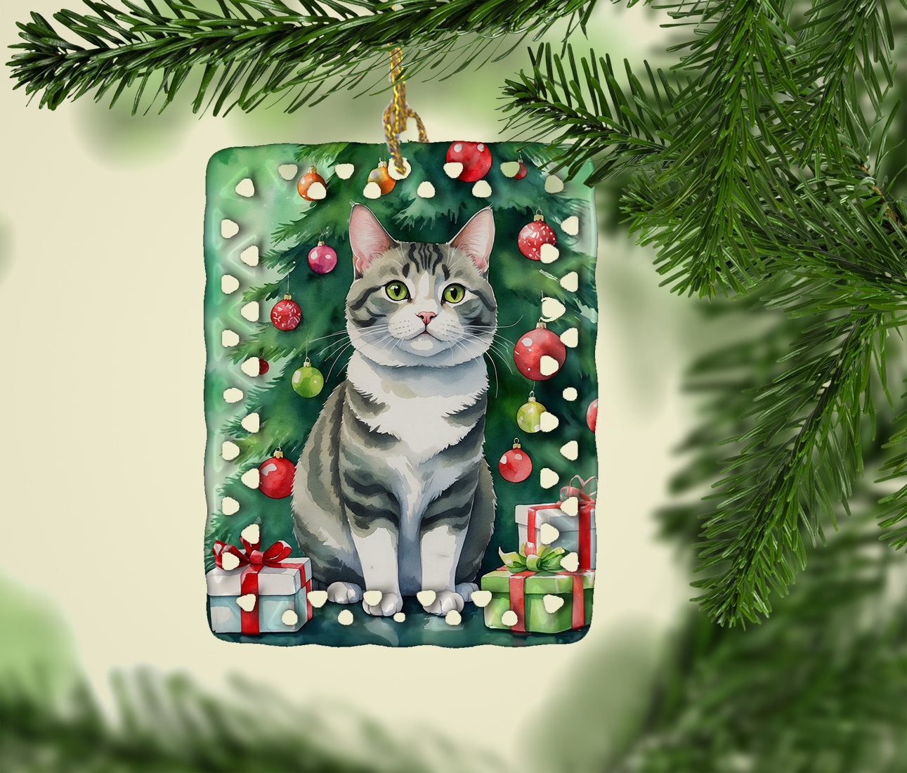Korean Bobtail Cat By the Christmas Tree Porcelain Ornament Christmas Tree Hanging Decorations for Home Christmas Holiday, Rectangle, Gift, Multicolor
