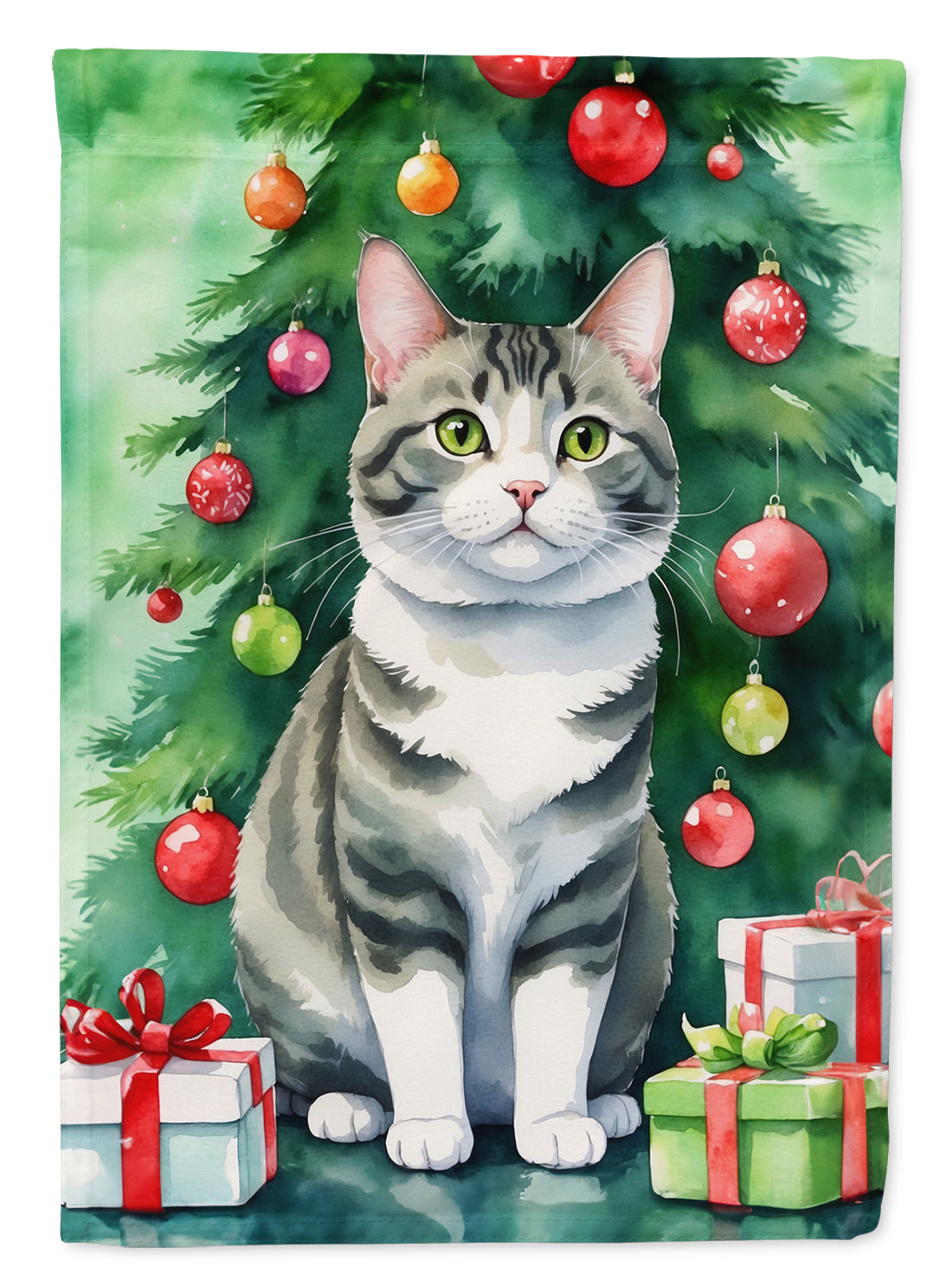Korean Bobtail Cat By the Christmas Tree Garden Flag Mailbox Decorative Yard Banner Outside Patio Artwork for Flower Beds, Garden Size, Multicolor