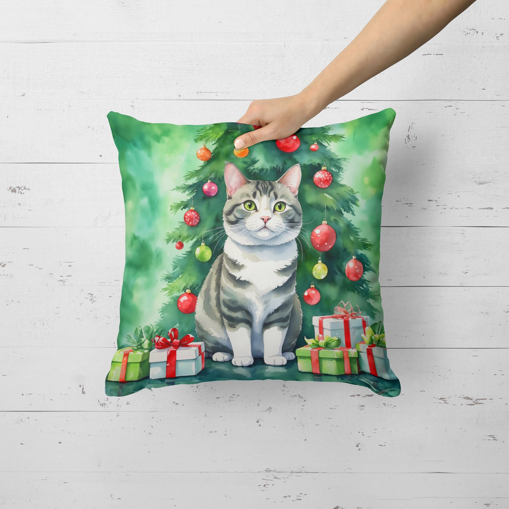 Korean Bobtail Cat By the Christmas Tree Decorative Throw Pillow 18x18 Indoor Outdoor Accent Cushion, Fabric Cover with Insert for Sofa, Bed, Porch & Living Room
