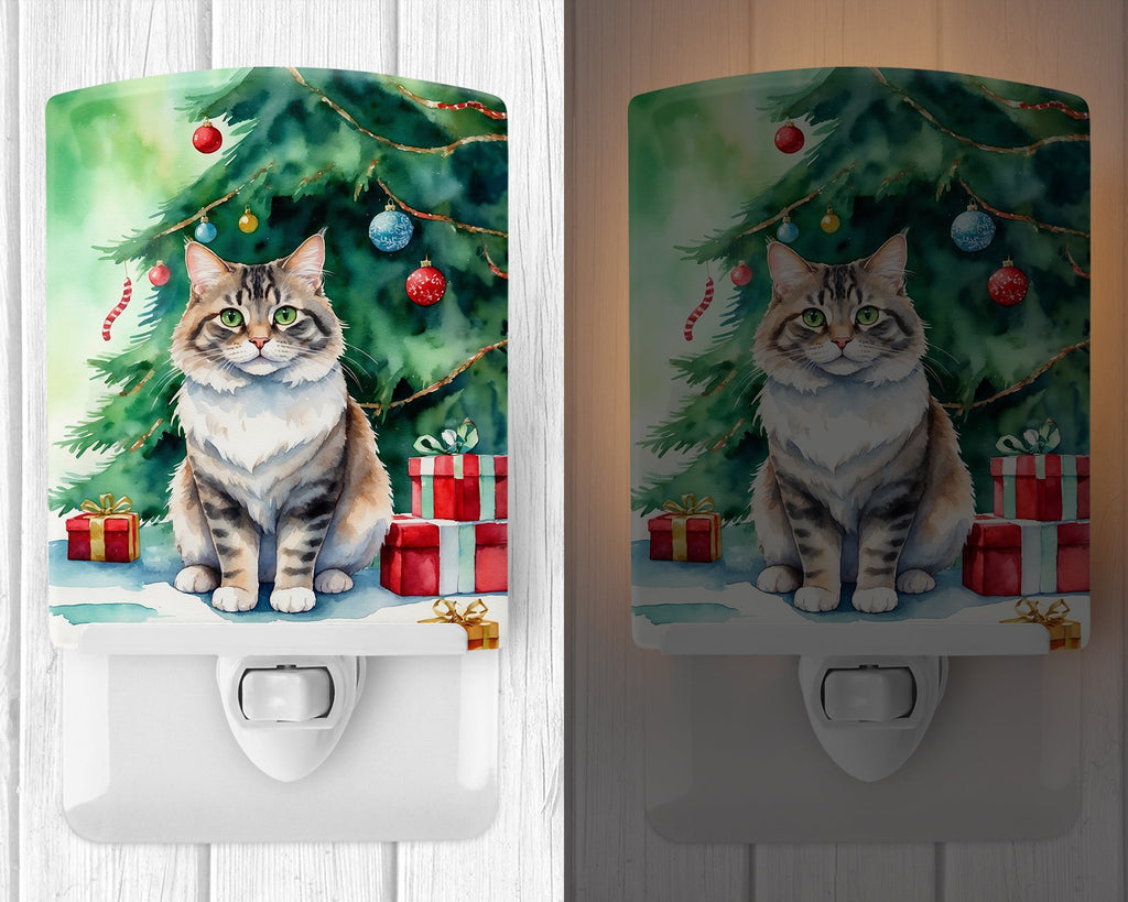 Kurilian Bobtail Cat By the Christmas Tree Ceramic Night Light Compact, UL-Certified, Ideal for Bedroom, Bathroom, Nursery, Hallway, Kitchen, 6x4x3, Multicolor