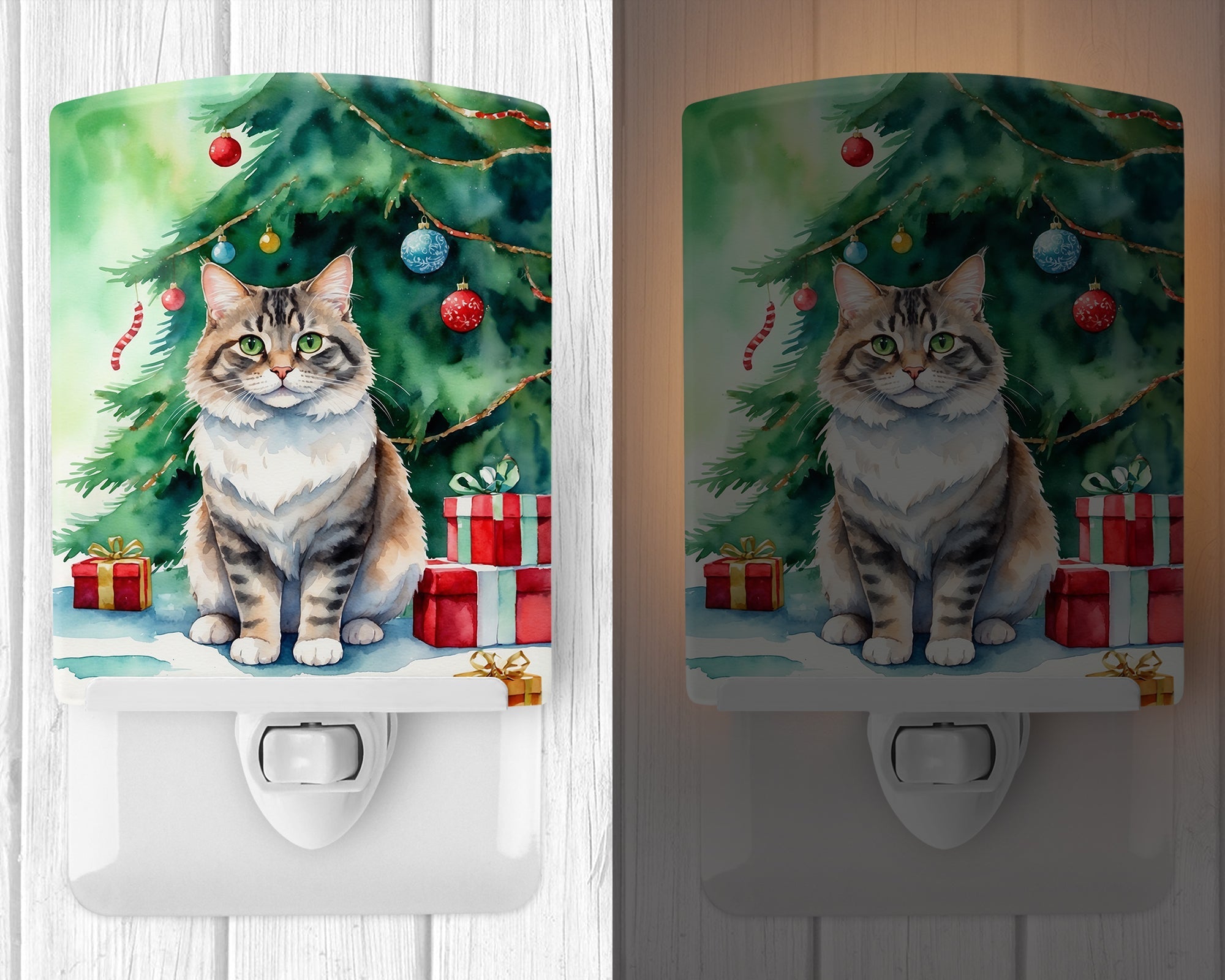 Kurilian Bobtail Cat By the Christmas Tree Ceramic Night Light Compact, UL-Certified, Ideal for Bedroom, Bathroom, Nursery, Hallway, Kitchen, 6x4x3, Multicolor