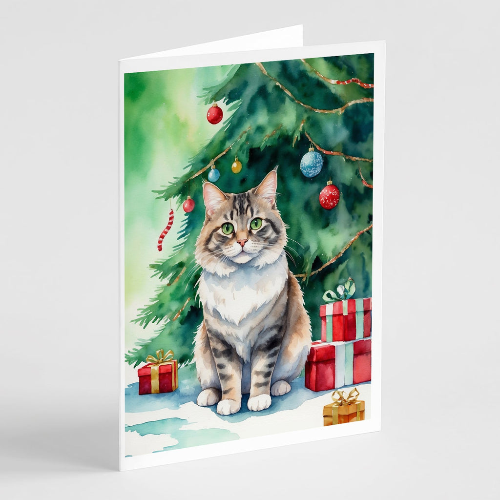 Kurilian Bobtail Cat By the Christmas Tree Greeting Cards Pack of 8 Blank Cards with Envelopes Whimsical A7 Size 5x7