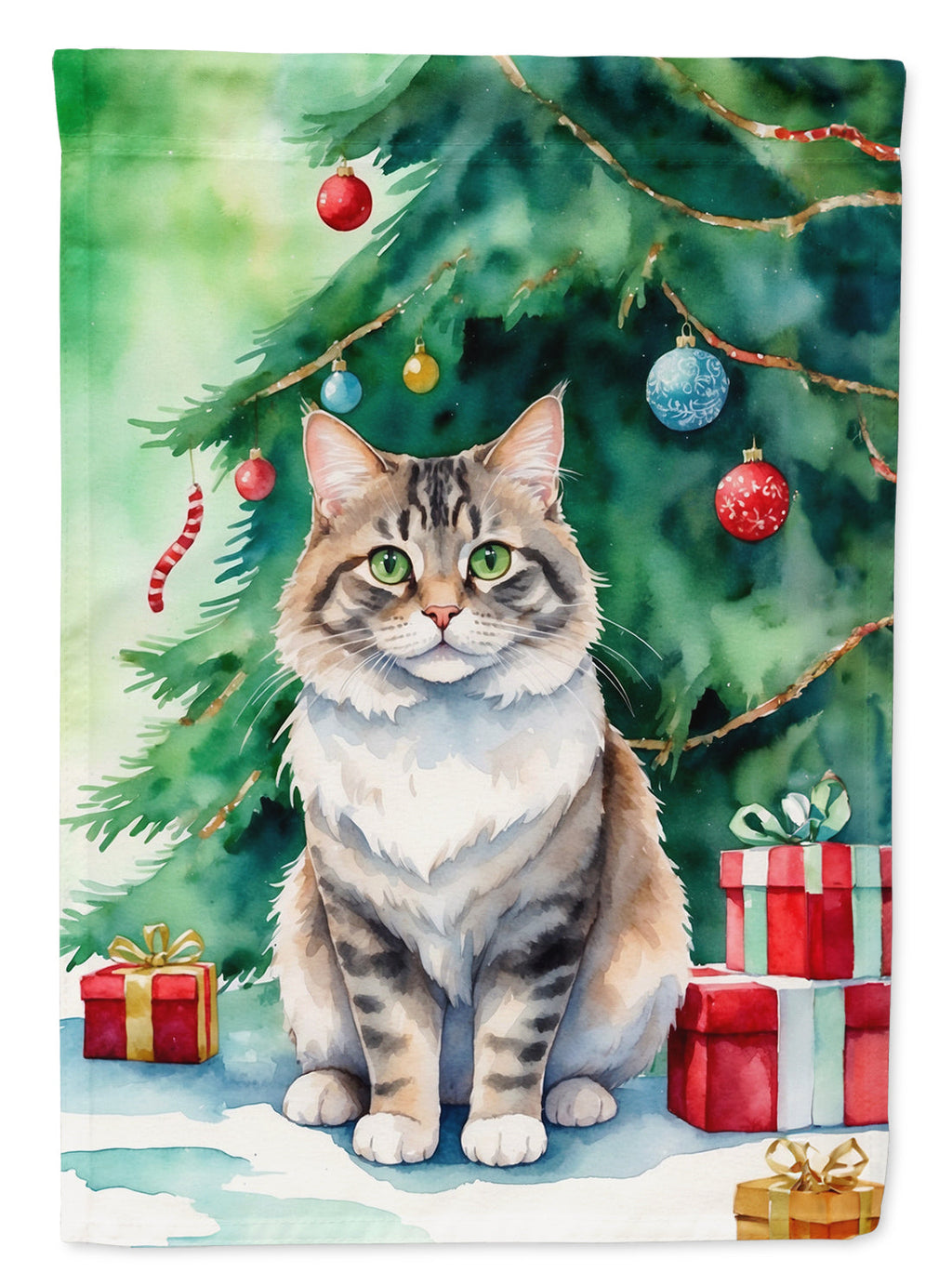 Kurilian Bobtail Cat By the Christmas Tree Garden Flag Mailbox Decorative Yard Banner Outside Patio Artwork for Flower Beds, Garden Size, Multicolor