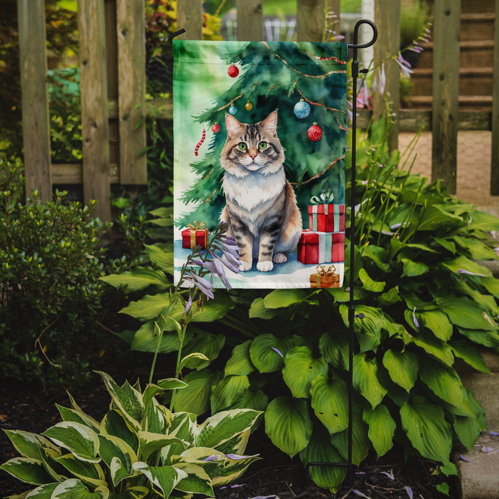 Kurilian Bobtail Cat By the Christmas Tree Garden Flag Mailbox Decorative Yard Banner Outside Patio Artwork for Flower Beds, Garden Size, Multicolor