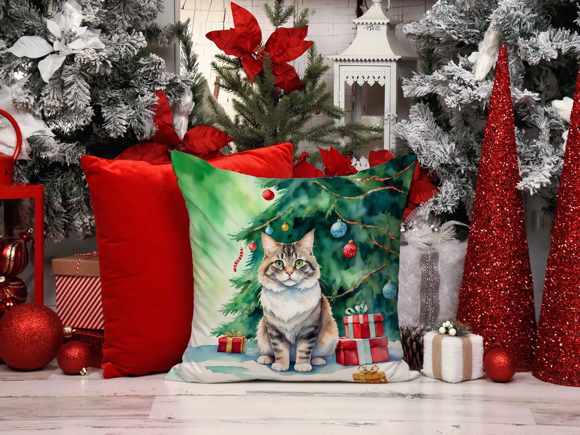 Kurilian Bobtail Cat By the Christmas Tree Decorative Throw Pillow 18x18 Indoor Outdoor Accent Cushion, Fabric Cover with Insert for Sofa, Bed, Porch & Living Room