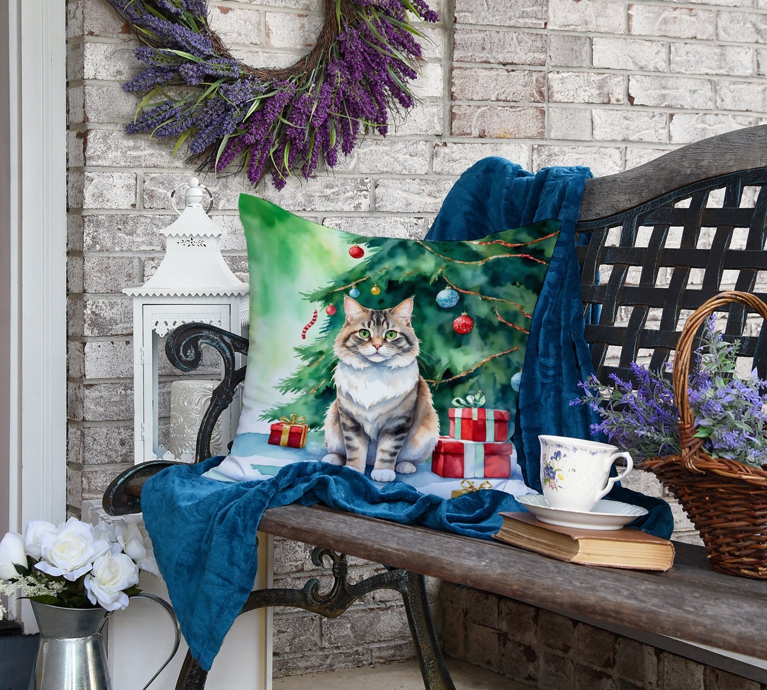 Kurilian Bobtail Cat By the Christmas Tree Decorative Throw Pillow 18x18 Indoor Outdoor Accent Cushion, Fabric Cover with Insert for Sofa, Bed, Porch & Living Room