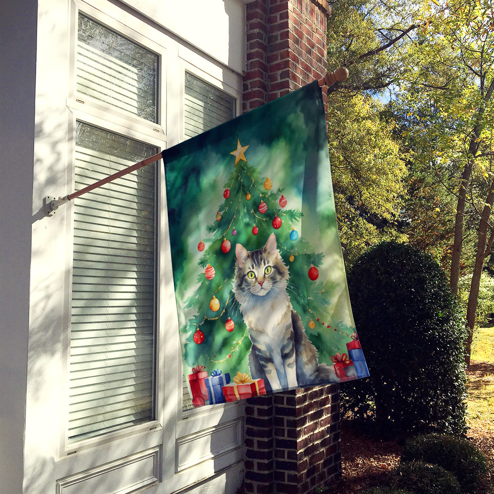 La Perm Cat By the Christmas Tree House Flag 28x40 Porch Sleeve Pole Decorative Outside Yard Banner Artwork Wall Hanging, Polyester