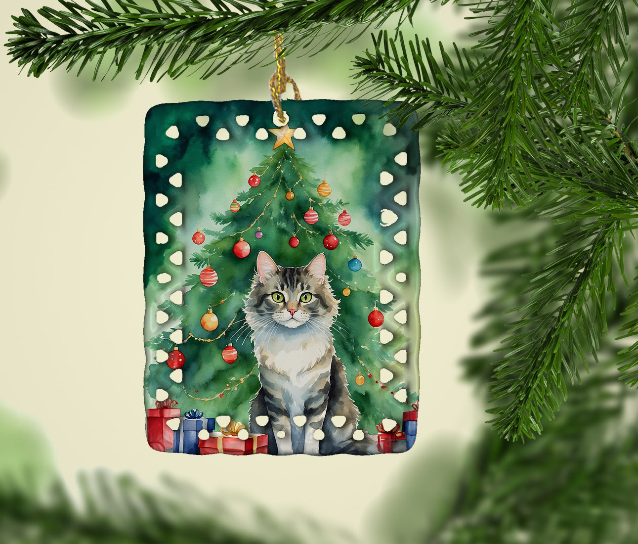 La Perm Cat By the Christmas Tree Porcelain Ornament Christmas Tree Hanging Decorations for Home Christmas Holiday, Rectangle, Gift, Multicolor